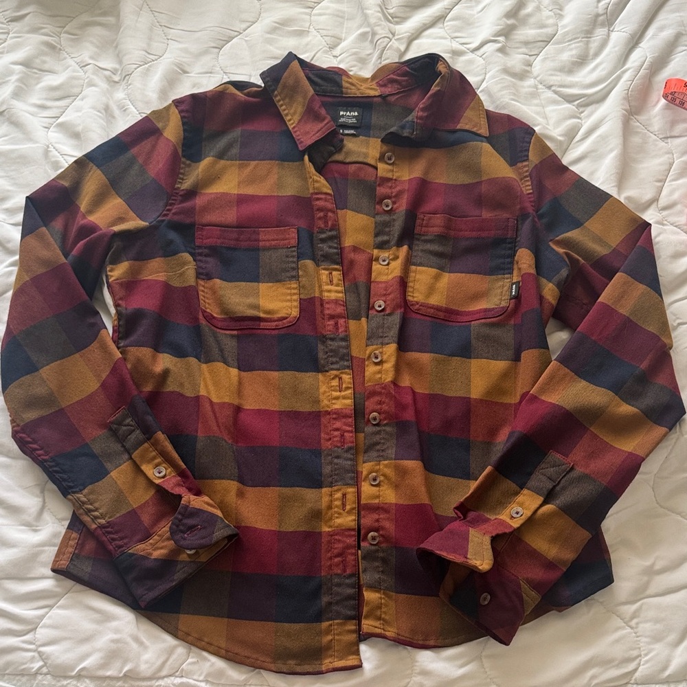 Prana Women's Plaid Button-Down Shirt in Mustard, Burgundy, Navy